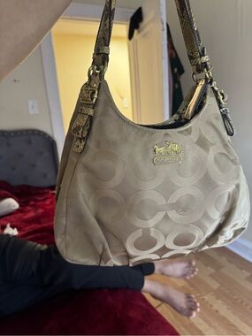 Coach Tan Signature Hobo with Snake-Trim Handles